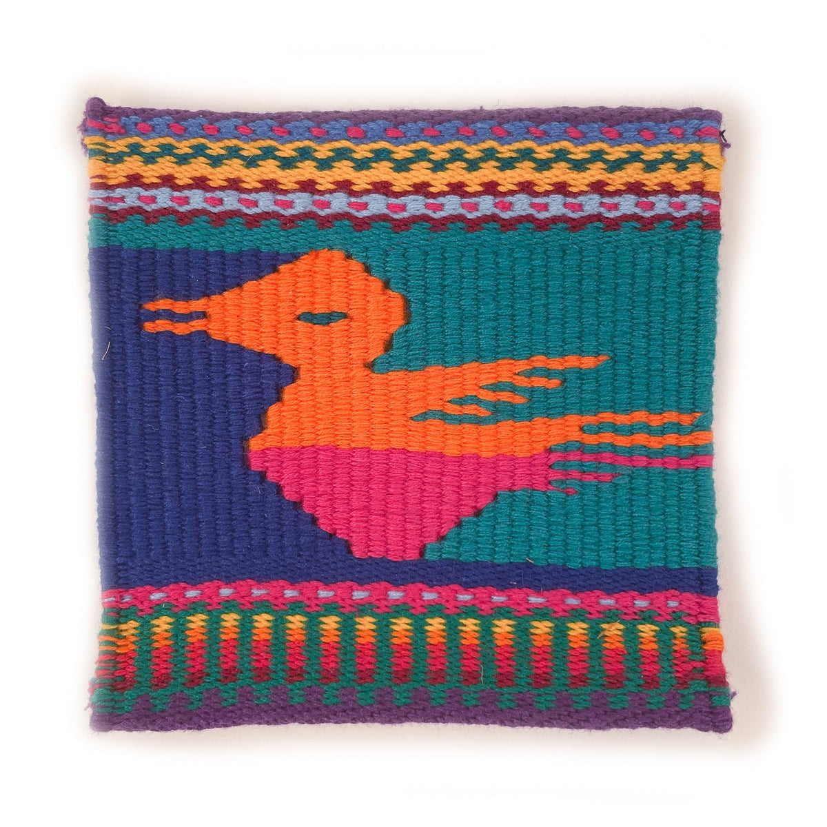Tapestry woven coaster, featuring a bird in pink and orange on a multicolor background of teal and deep blue, with purple border and multicolor striped details