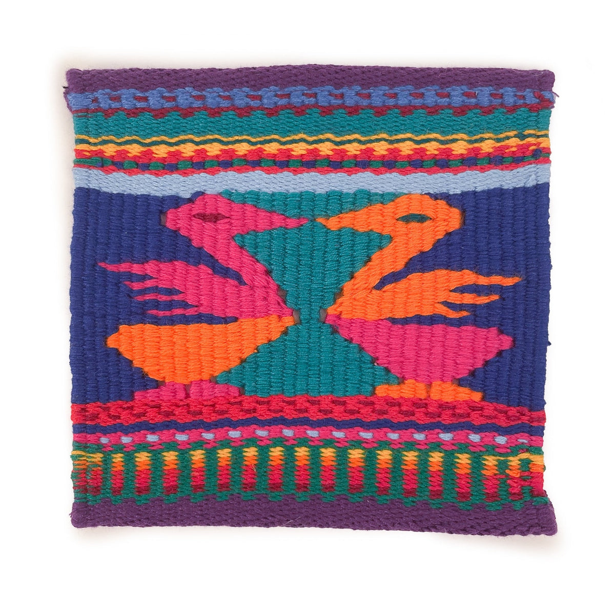 Colorful tapestry woven coaster, featuring two birds in pink and orange facing each other.  Coaster has a multicolor background of teal and deep blue, with a purple boarder and multicolor striped details