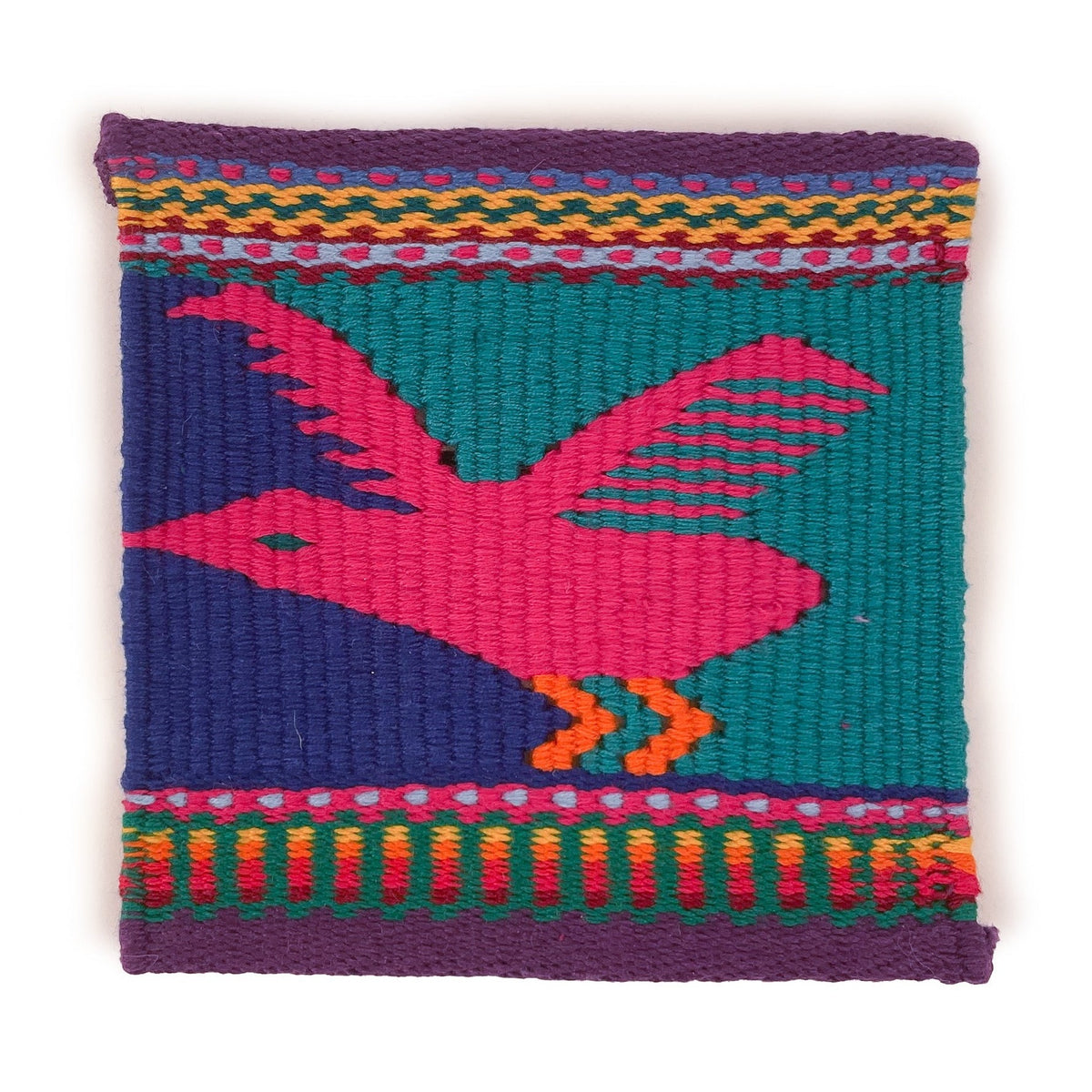 Tapestry woven coaster, featuring a bird in pink with orange legs,  on a multicolor background of teal and deep blue, with purple border and multicolor striped detail