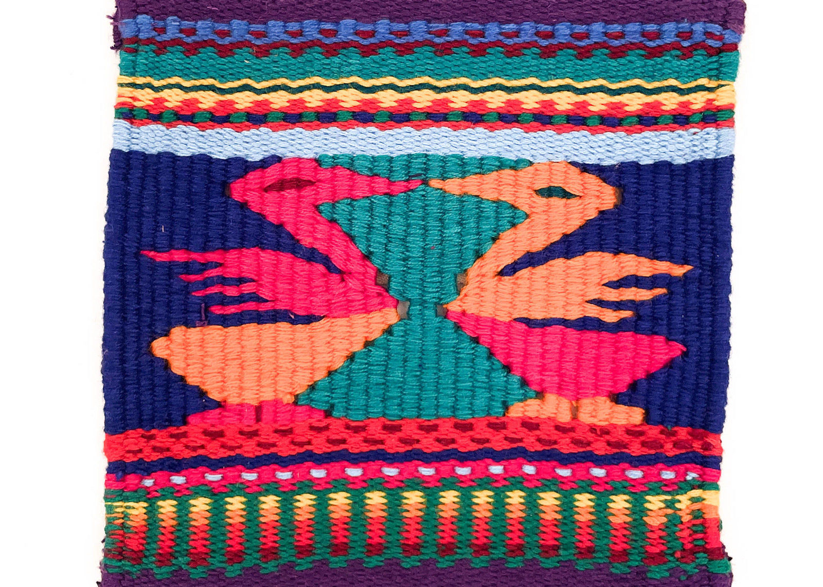 Multicolored tapestry woven design with two birds