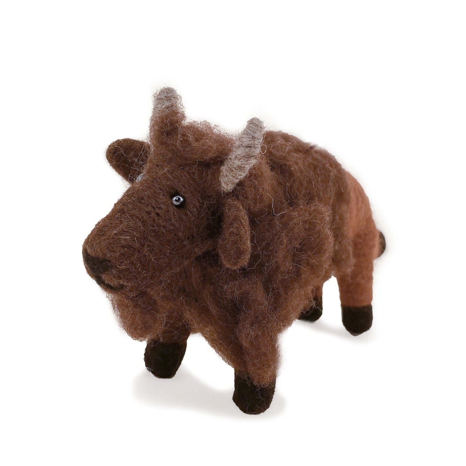 Angled view of brown felted wool buffalo ornament on white background