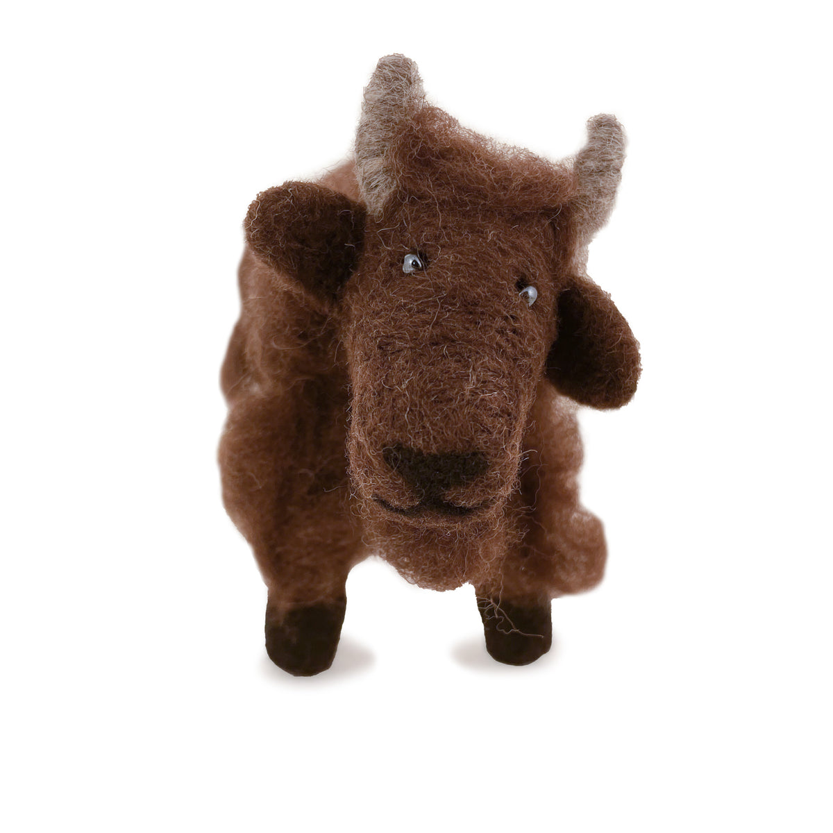 Front facing view of felted wool buffalo ornament, showing details in face on white background