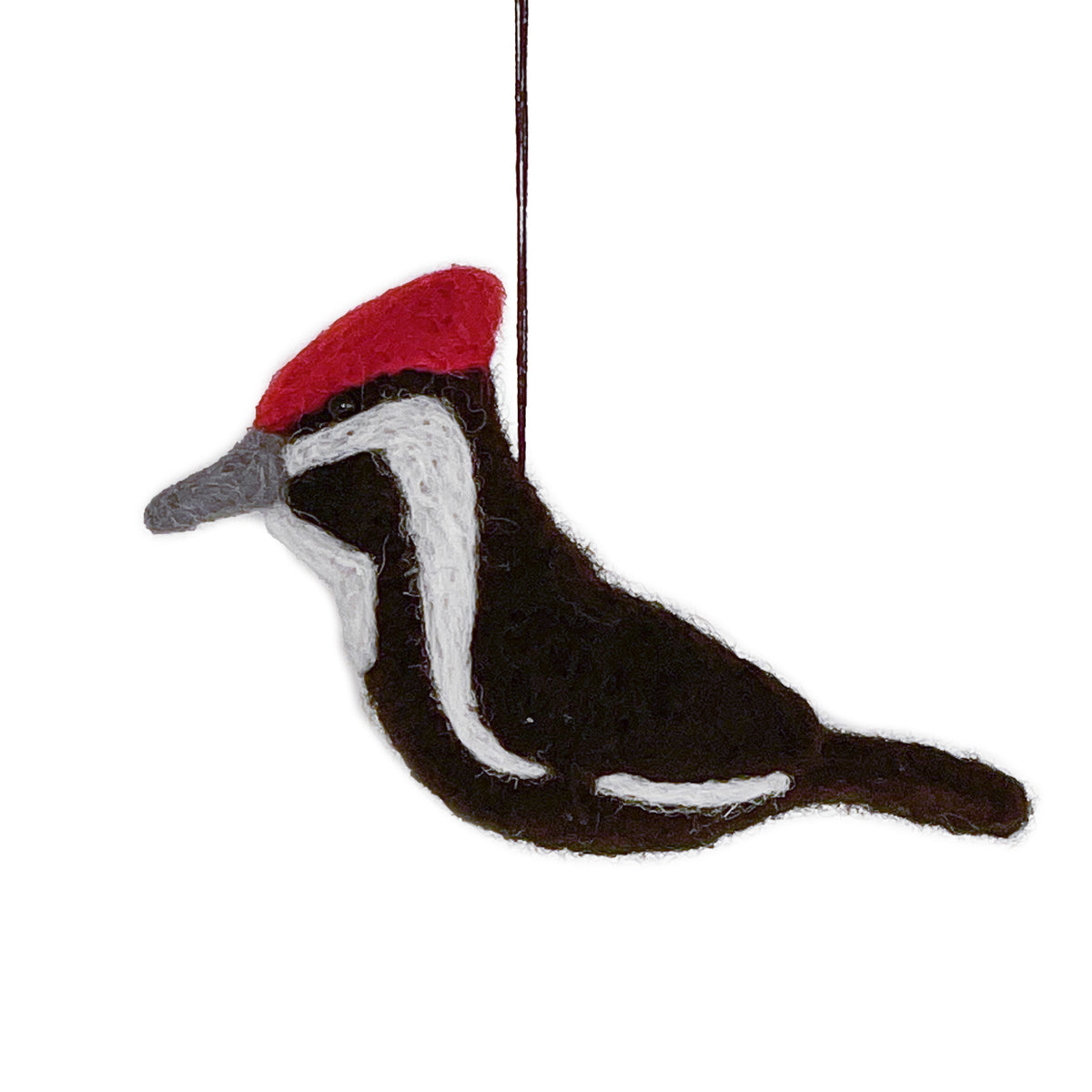 Felted woodpecker ornament with red cap on a white background