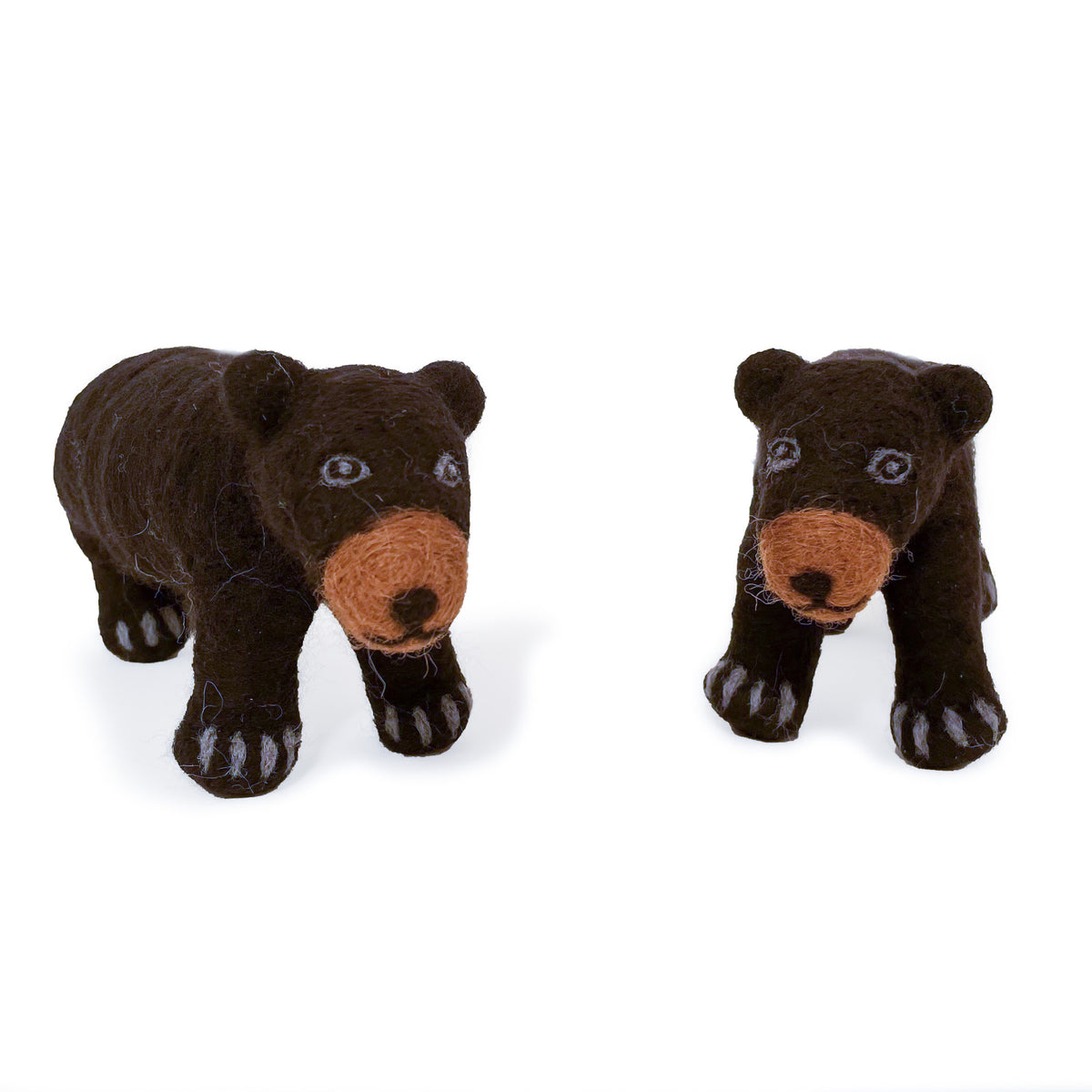 Two felted wool black bear figurines standing on white background