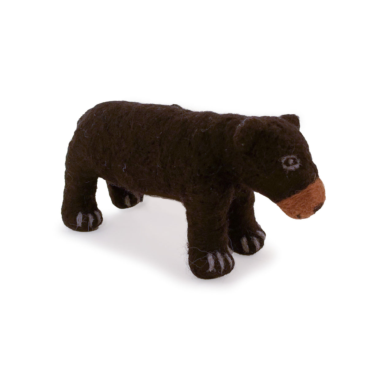 Angled view of felted wool black bear figurine on white background