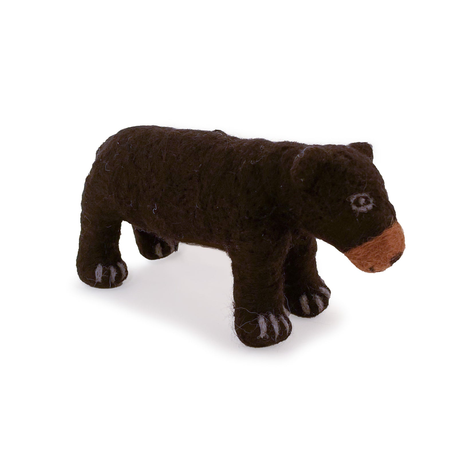 Two felted wool black bear figurines standing on white background