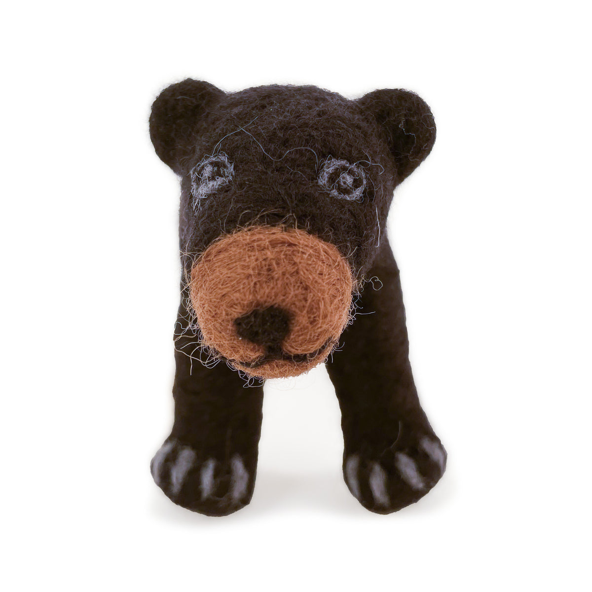 Closeup front facing view of felted wool black bear figurine 