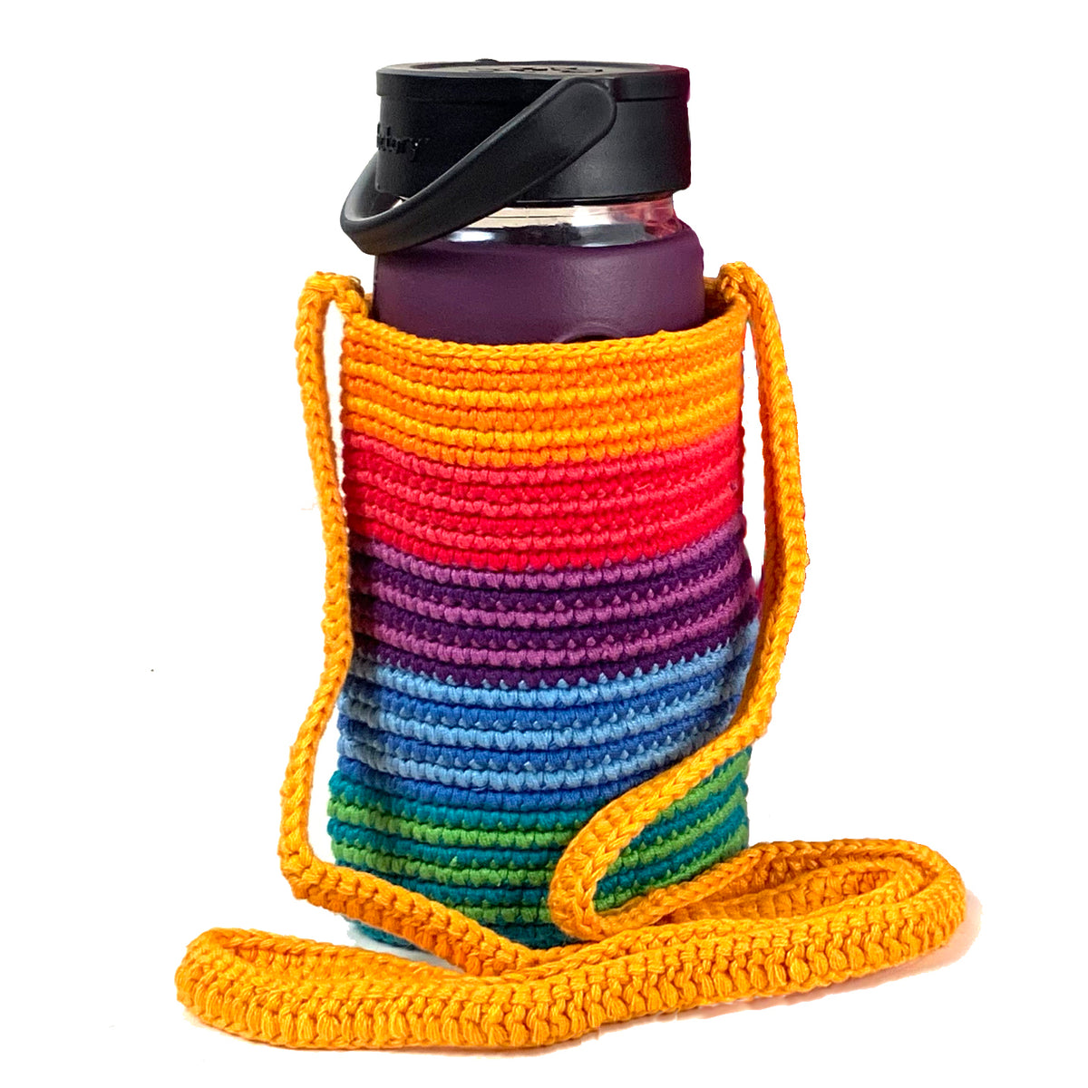 fair trade rainbow stripe crocheted bottle bag