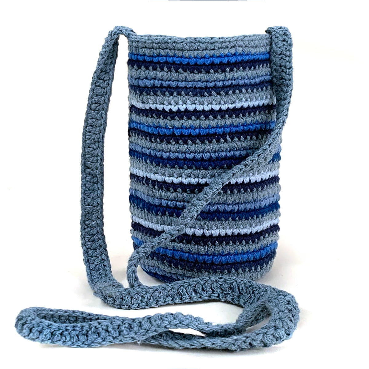 crochet bottle bag with narrow stripes of blue