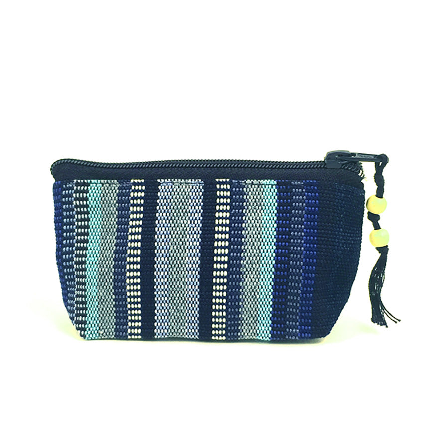 handwoven coin purse indigo and blues stripes