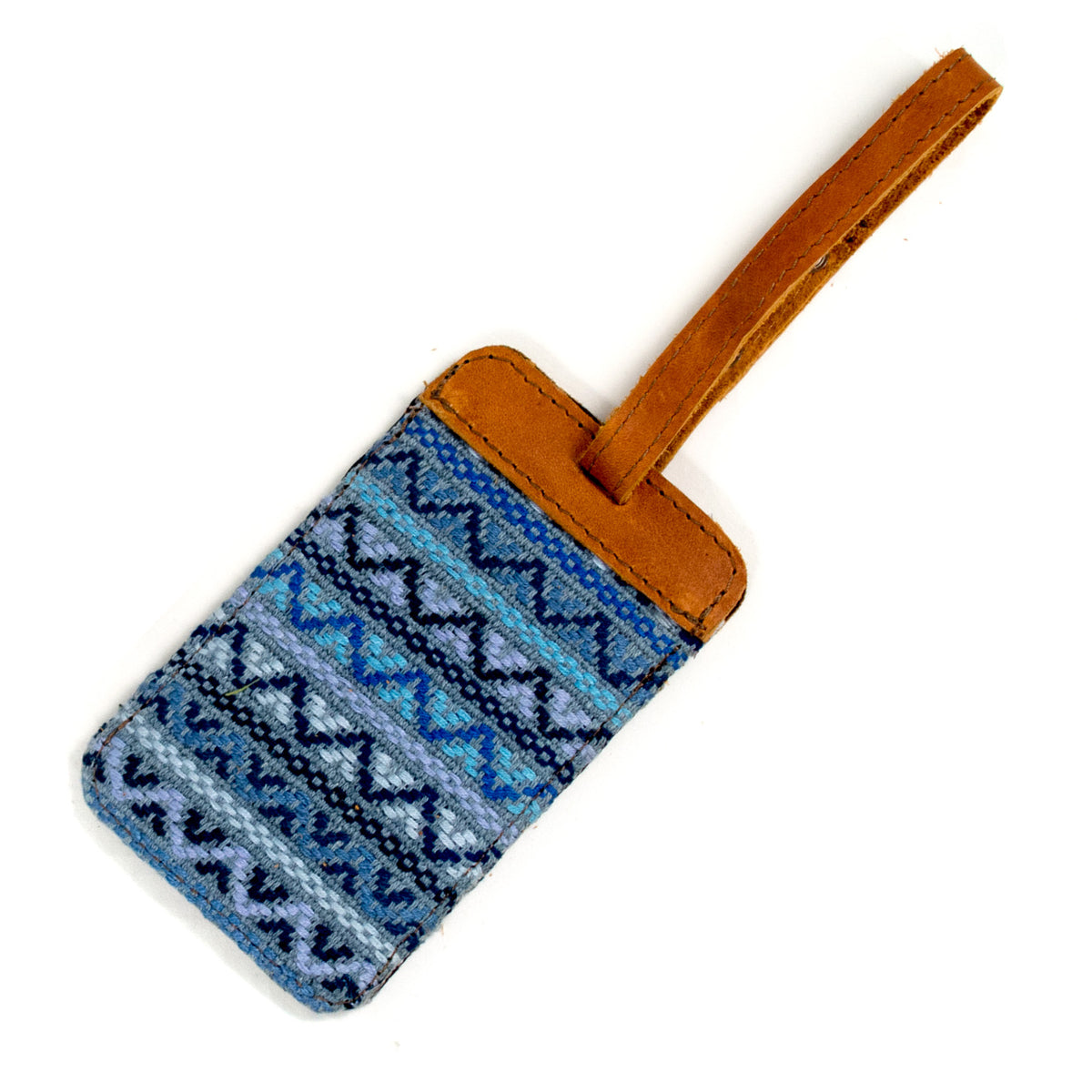 recycled denim brocade luggage tag with natural leather
