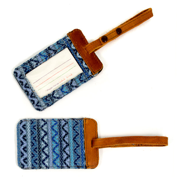 recycled denim brocade luggage tag with natural leather