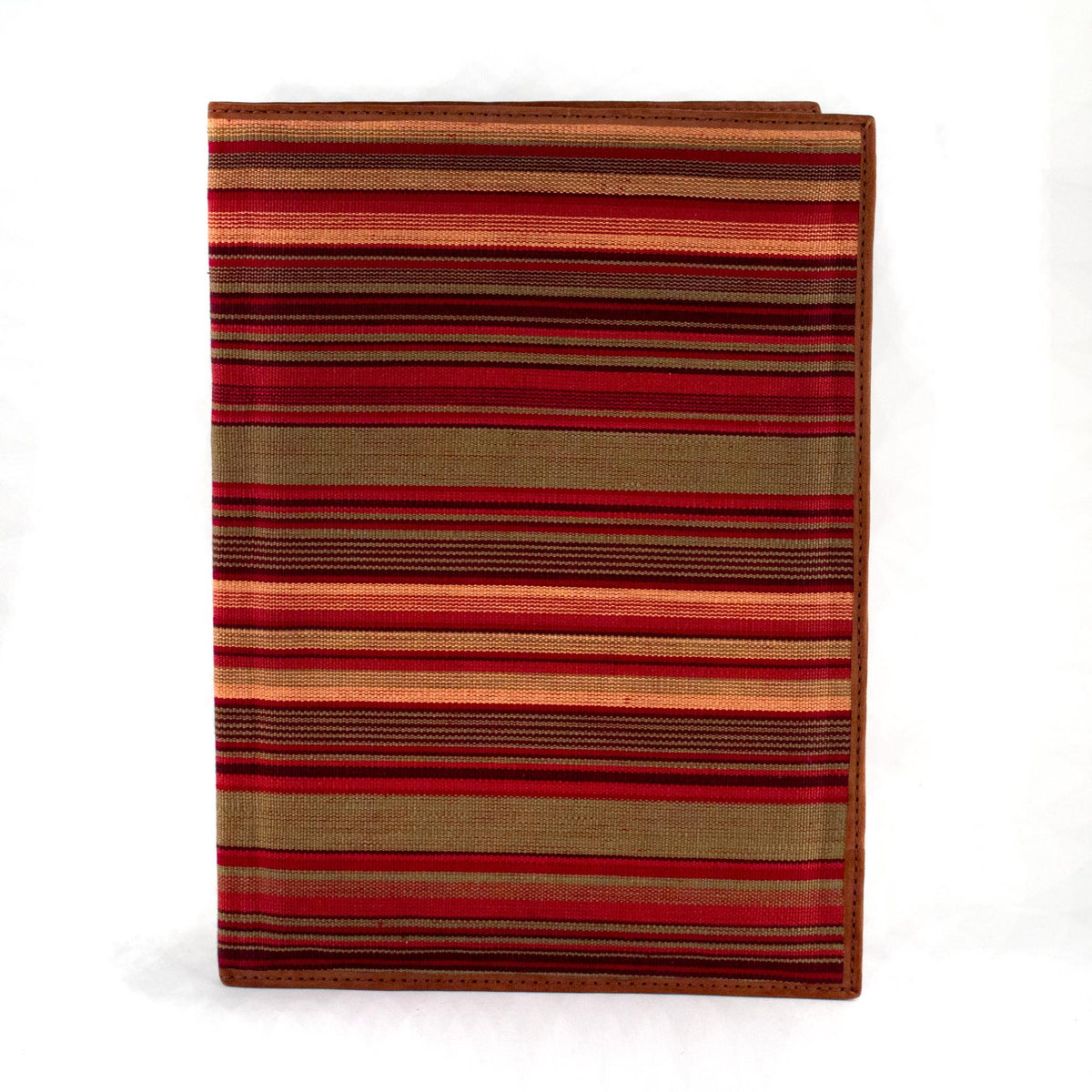 olive and brick striped notebook portfolio with brown leather trim