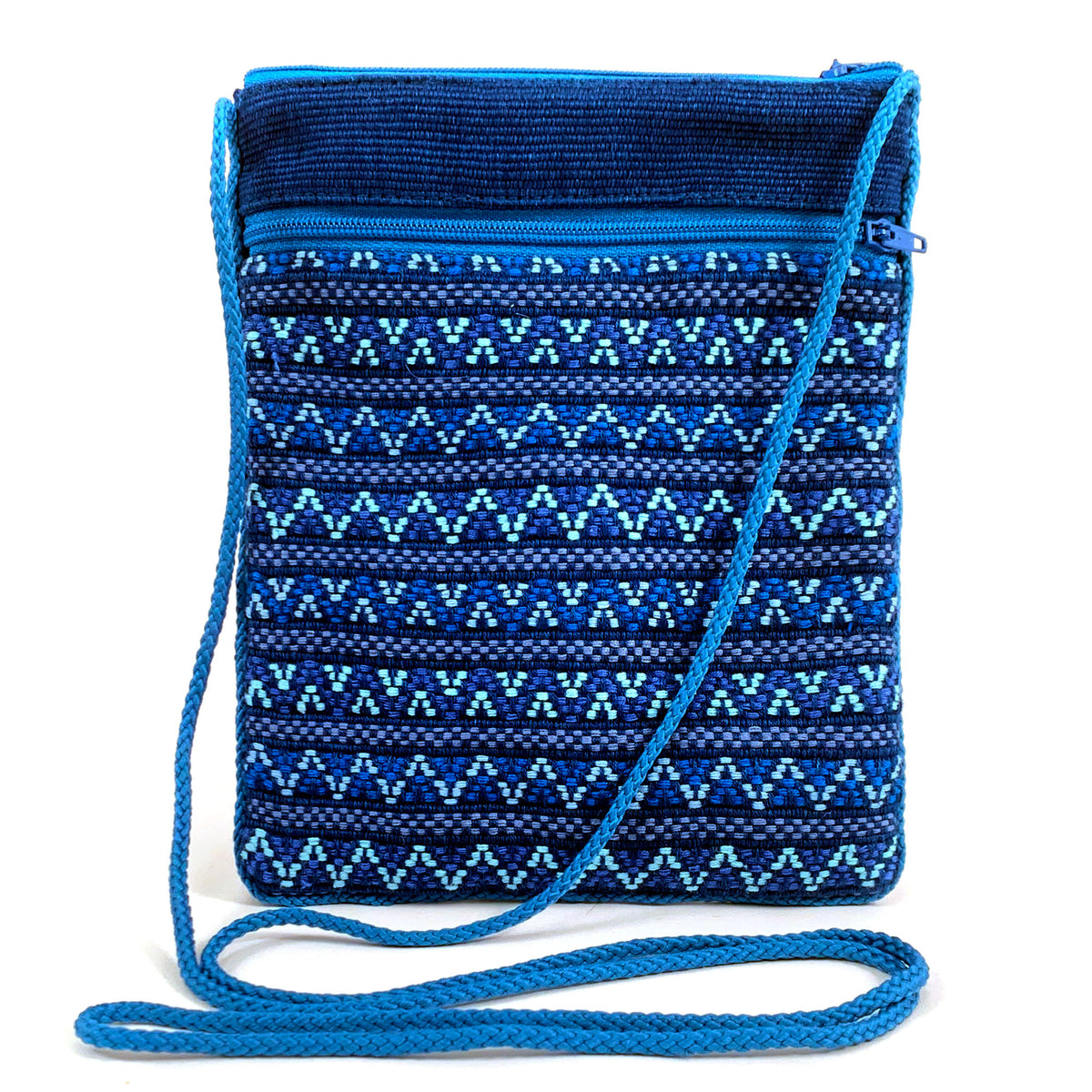 handwoven brocade pocket bag in blues