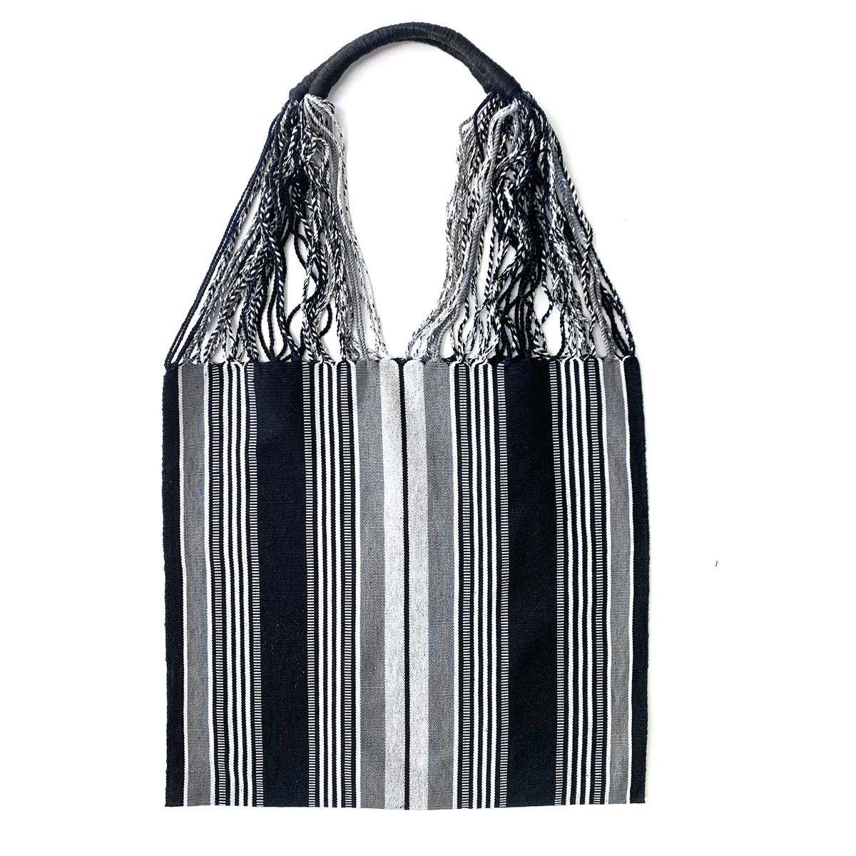 handwoven tote bag with twisted fringe handle, black gray and white