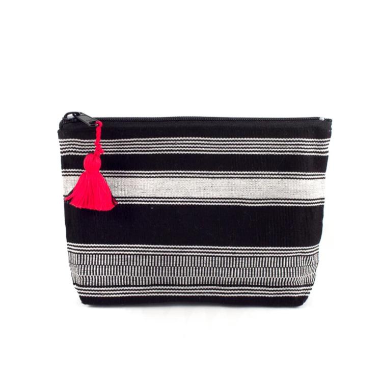 black and white cosmetic bag with red tassel 