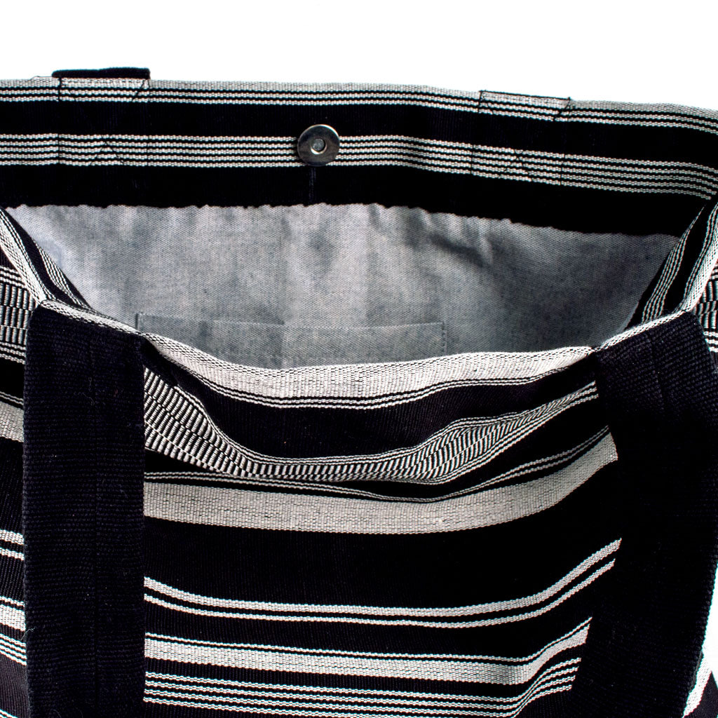 nella black and white tote bag with recycled denim lining 