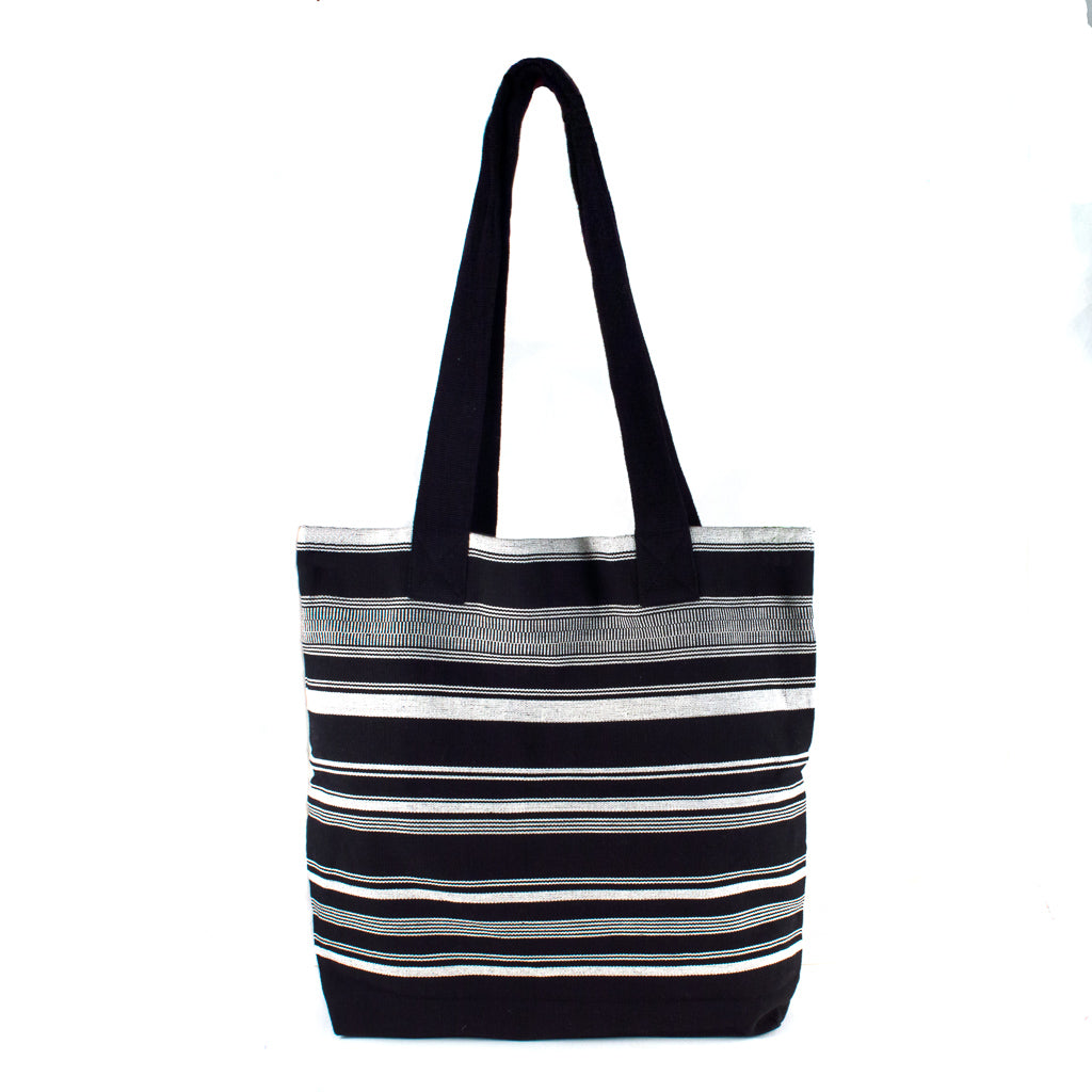 handwoven black and white striped tote bag