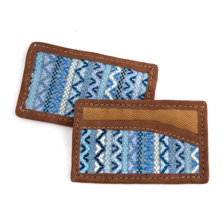 recycled denim brocade card holder with leather trim