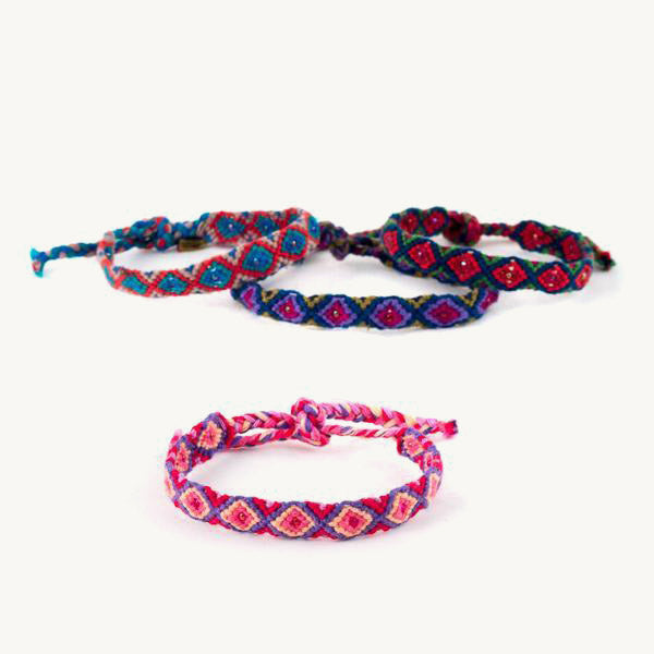 assorted diamond-pattern friendship bracelets with beads