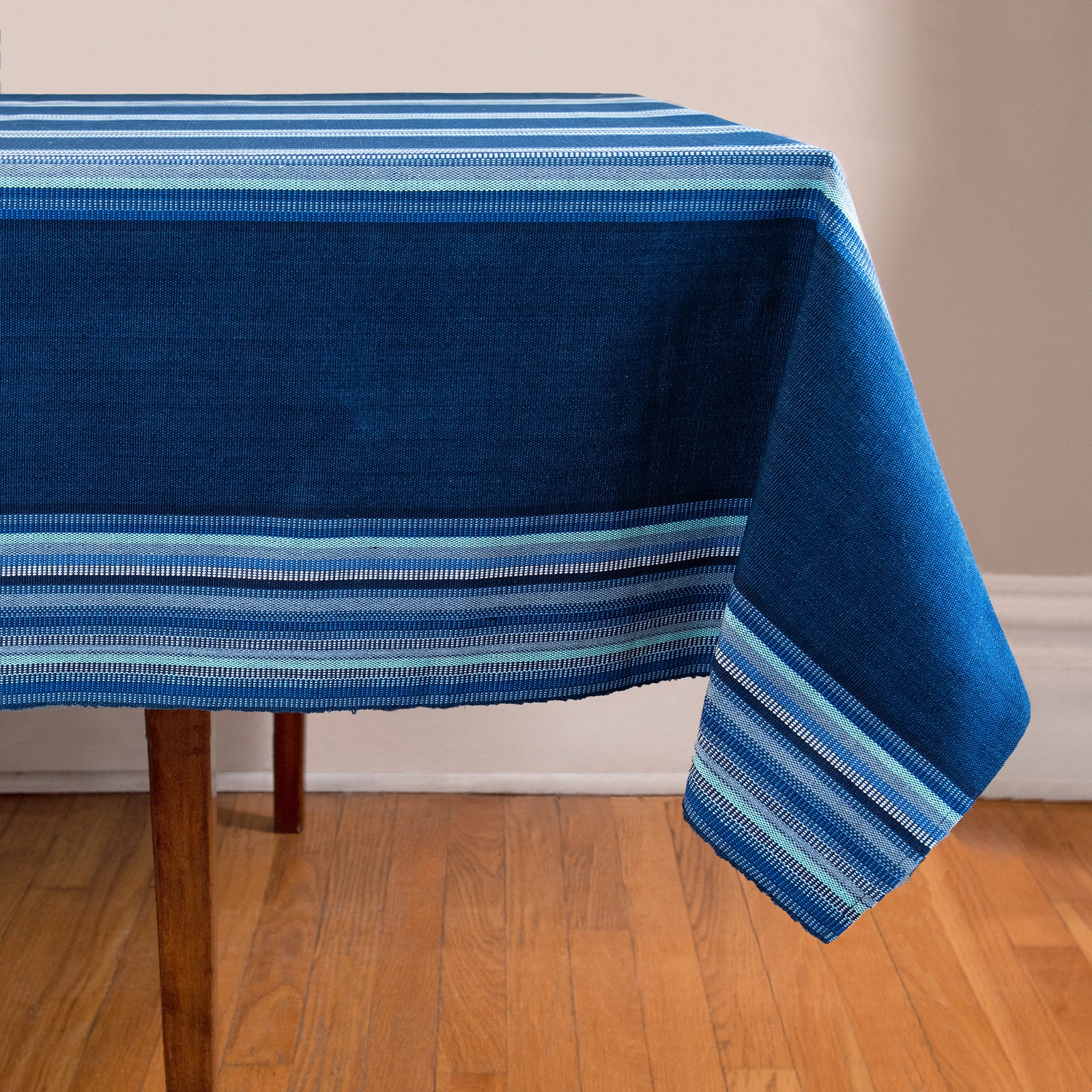 Handwoven Tablecloth with stripes in blues and indigo