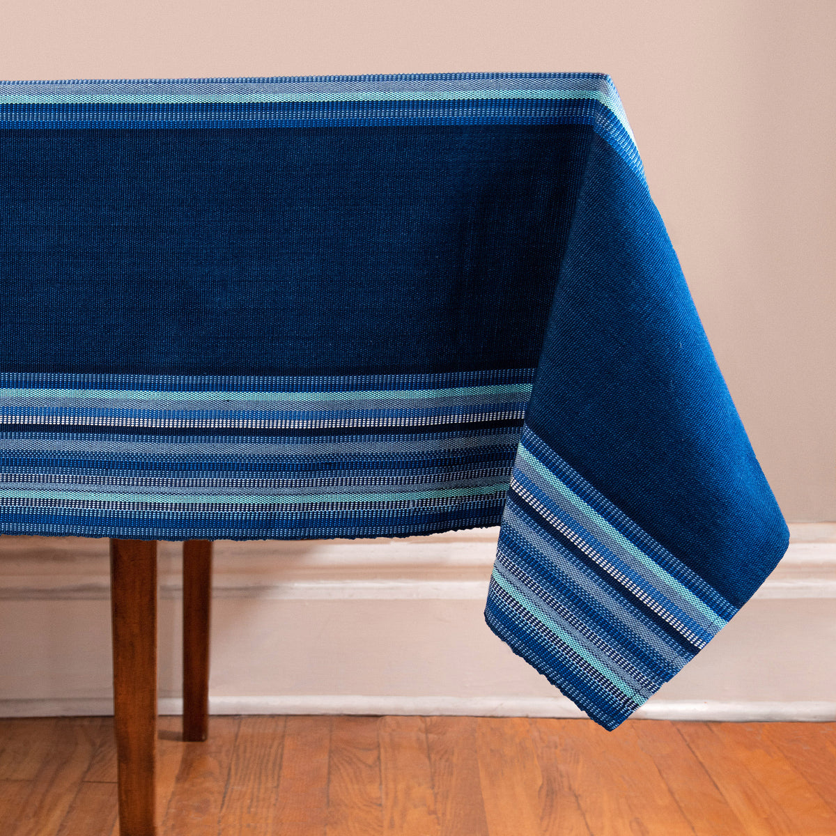 Handwoven Tablecloth with stripes in blues and indigo