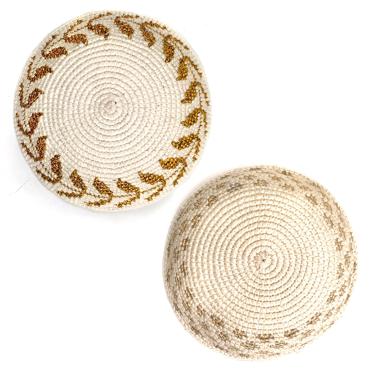 2 kippot with metallic thread border