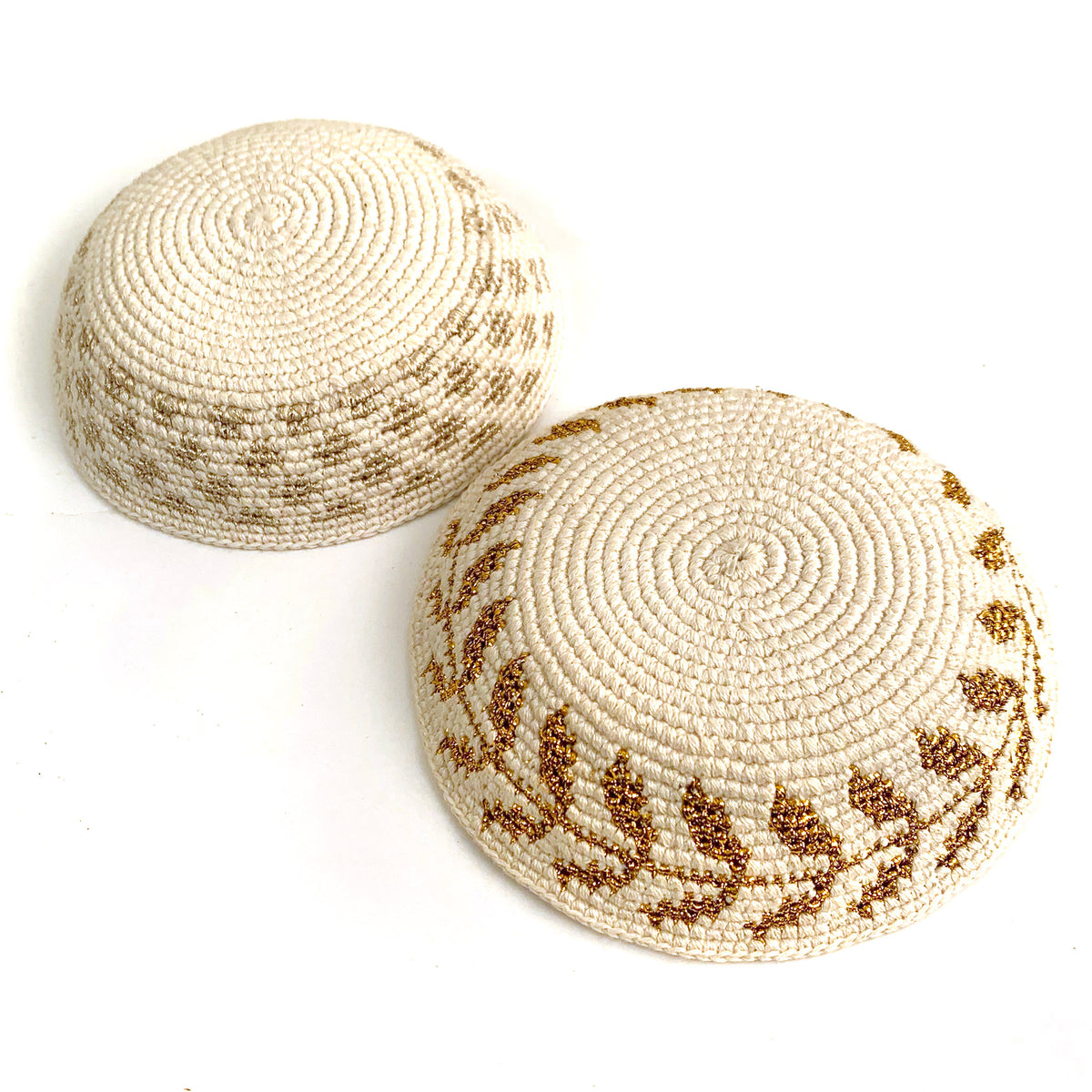 2 kippot with metallic thread border