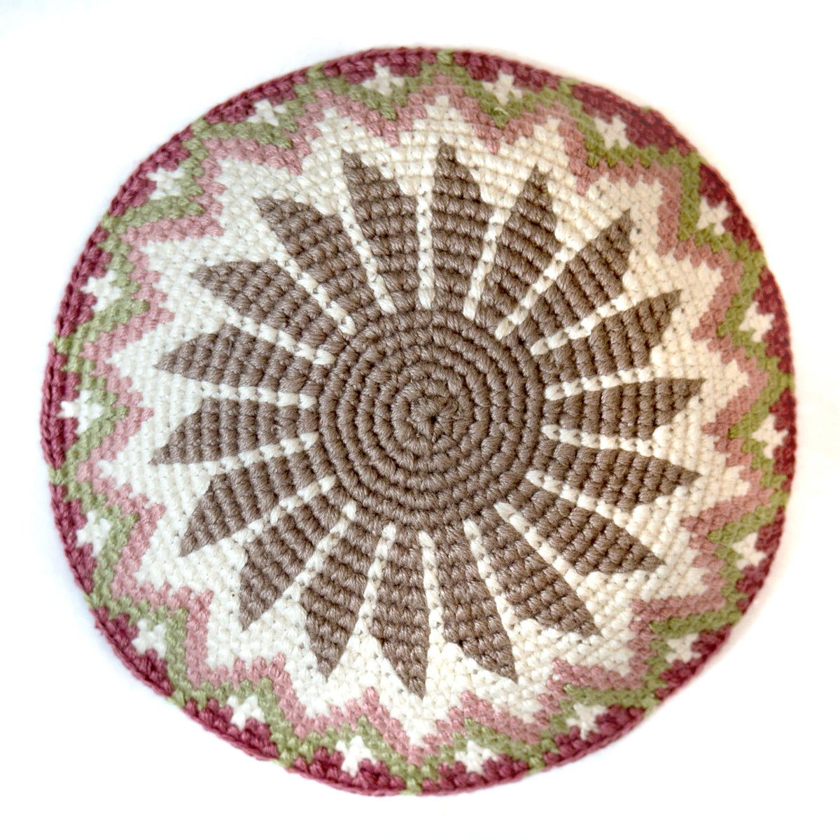 hand crocheted yarmulke in soft neutral and pink tones 