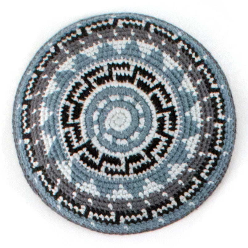 black, gray, and recycled denim crocheted yarmulke 