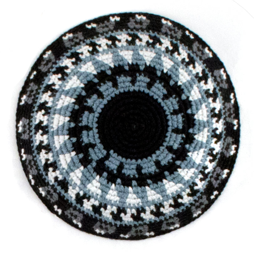 black and white crocheted kippah with recycled denim 