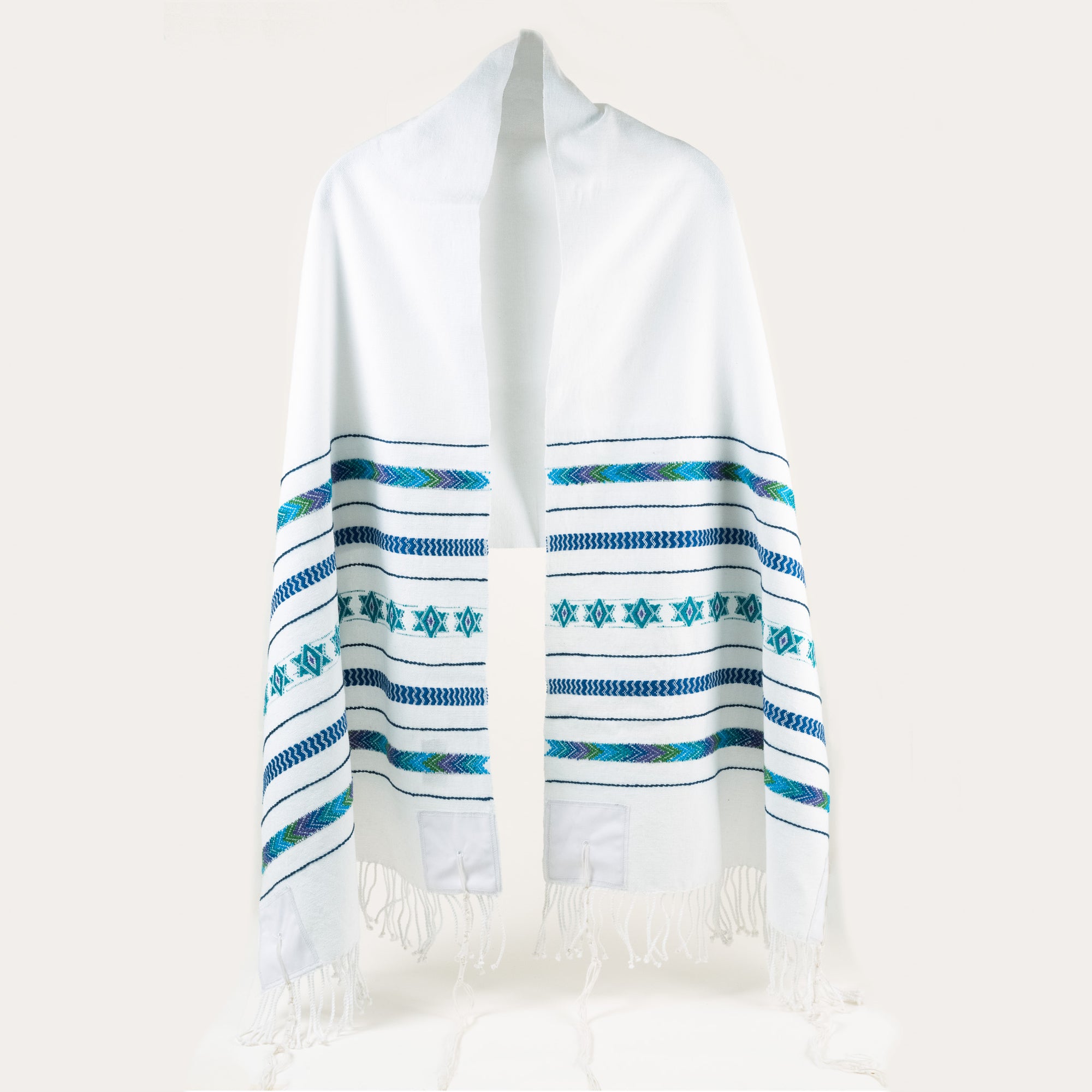 Handwoven tallit in white with blues 