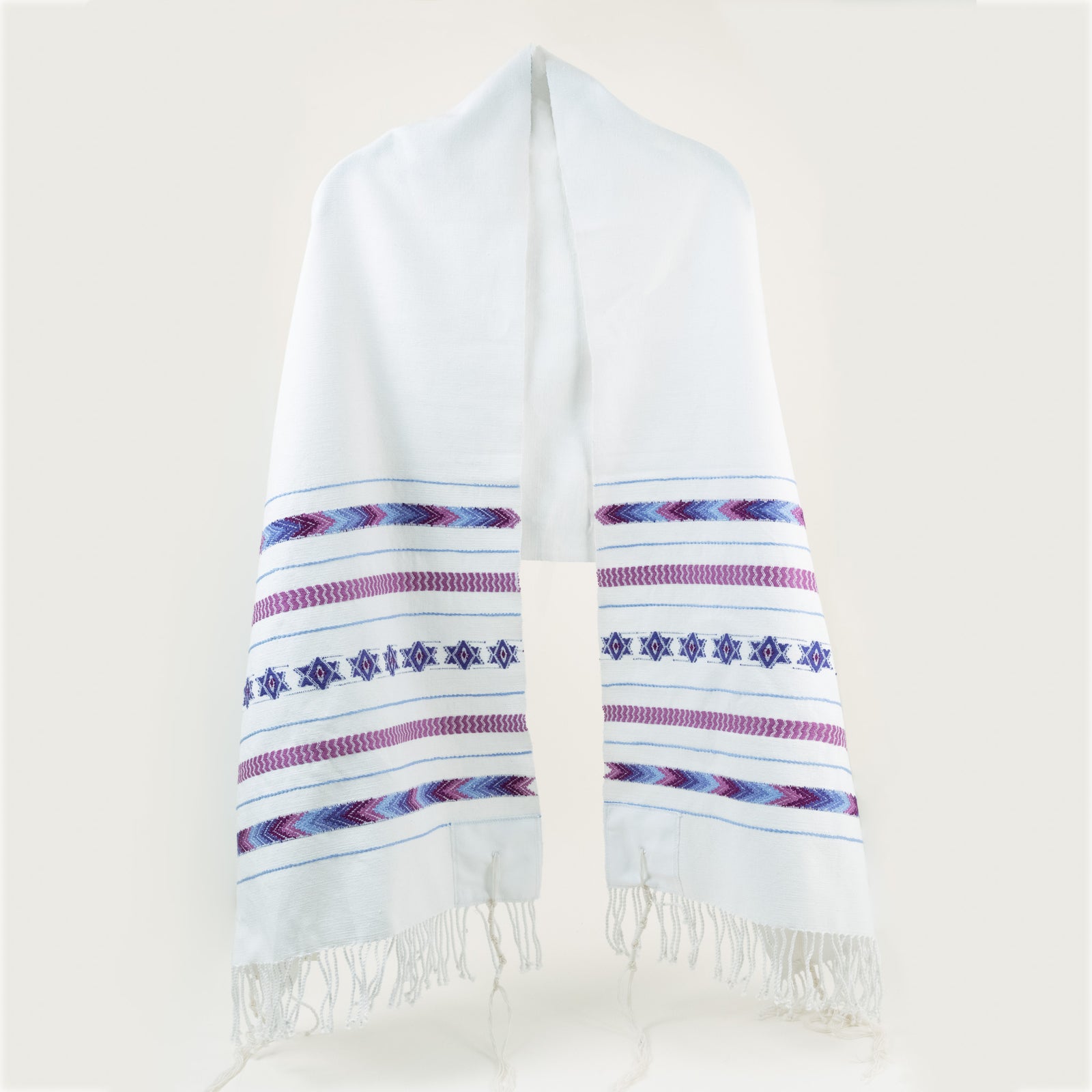 Handwoven tallit in white with blues 