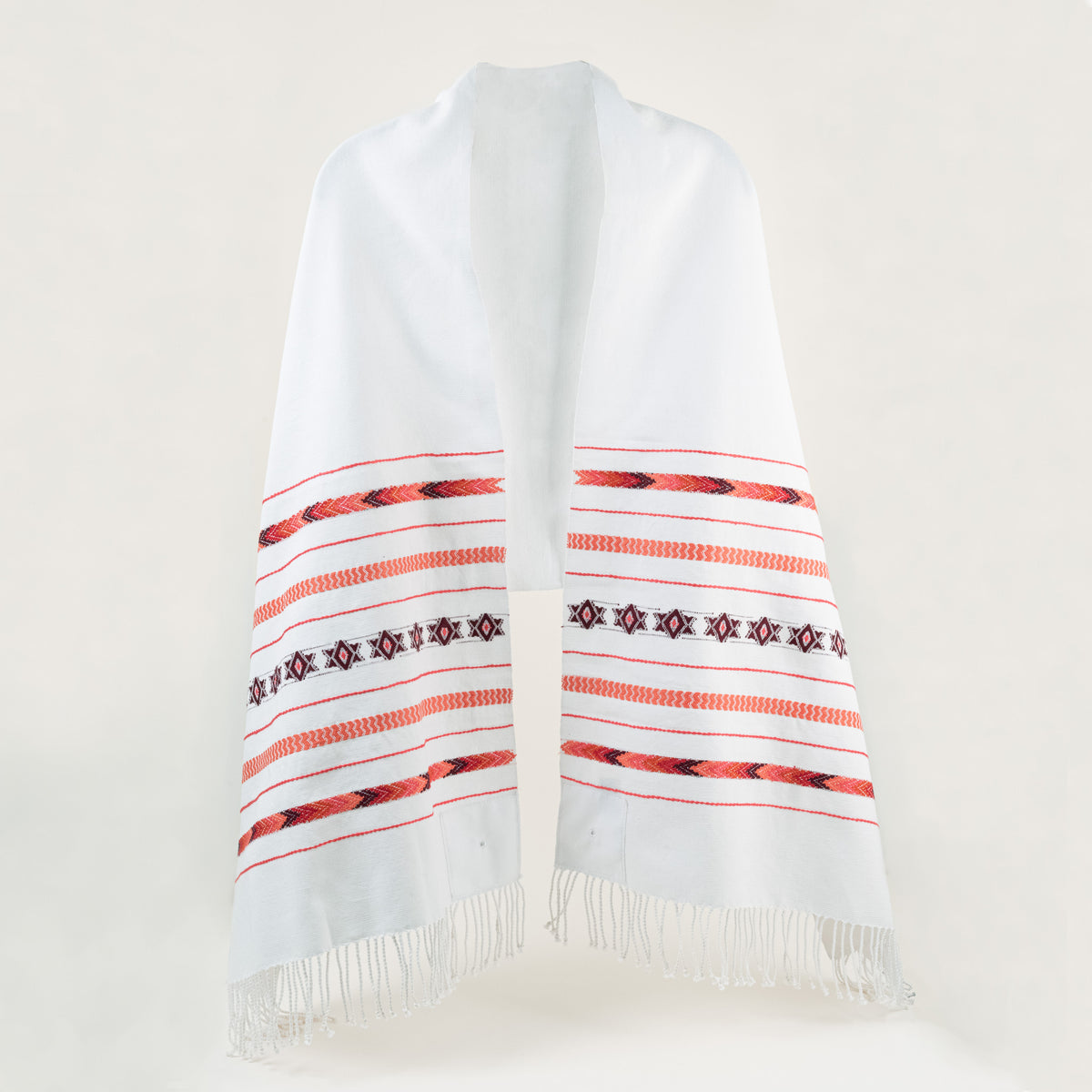 Handwoven tallit in white with reds