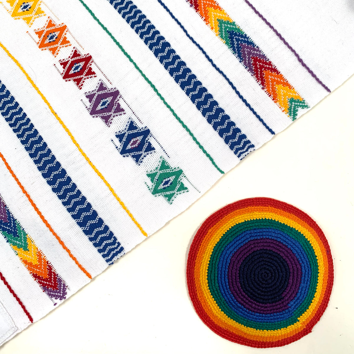 handwoven rainbow tallit with rainbow kippah