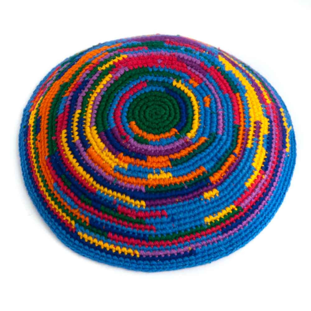Crochet kippah with rainbow swirl pattern