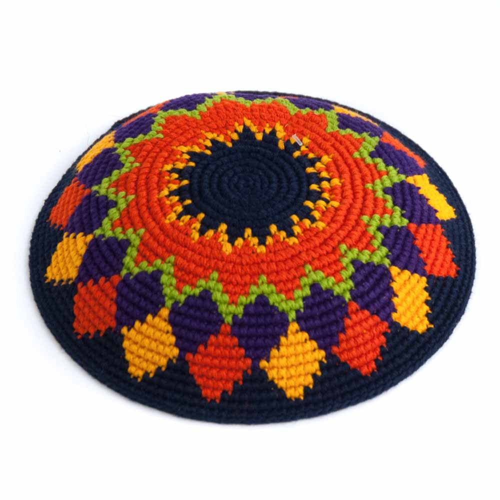 Crochet kippah with orange flower center and colorful diamond border