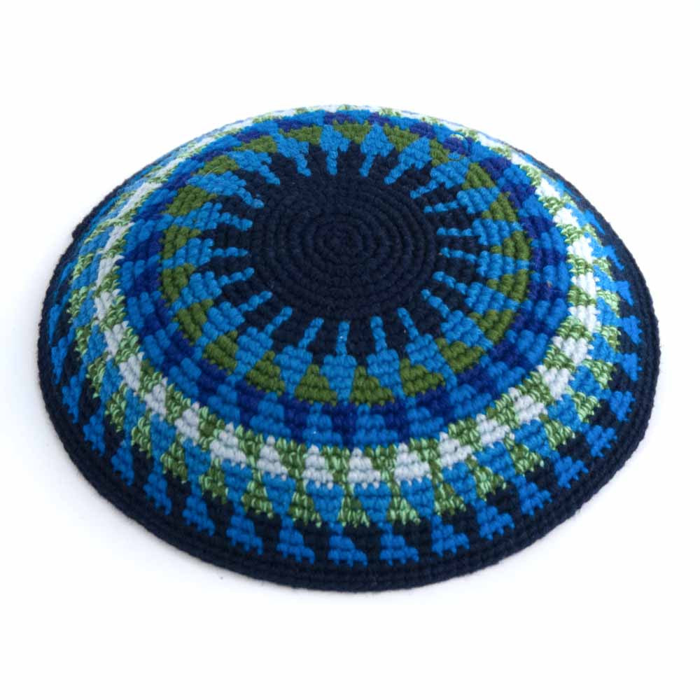 Crochet kippah in blues and greens