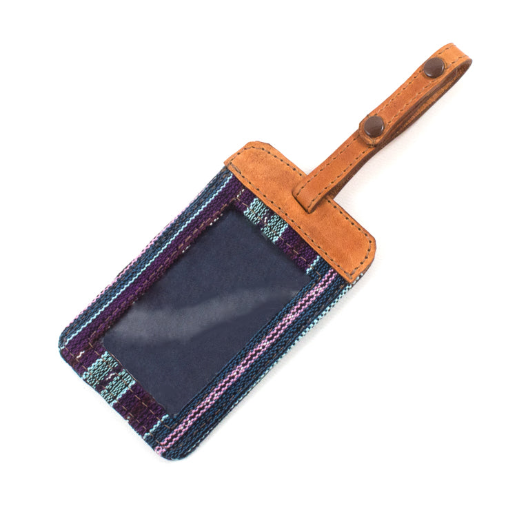 striped purple leather luggage tag