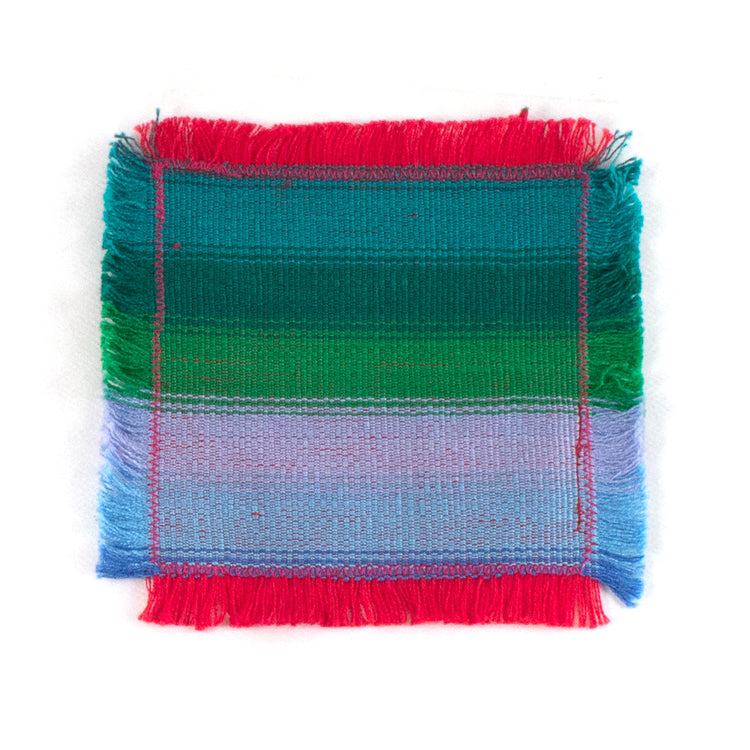 handwoven coasters, blue and green stripe