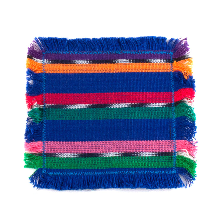 handwoven coasters, blue with colorful accents