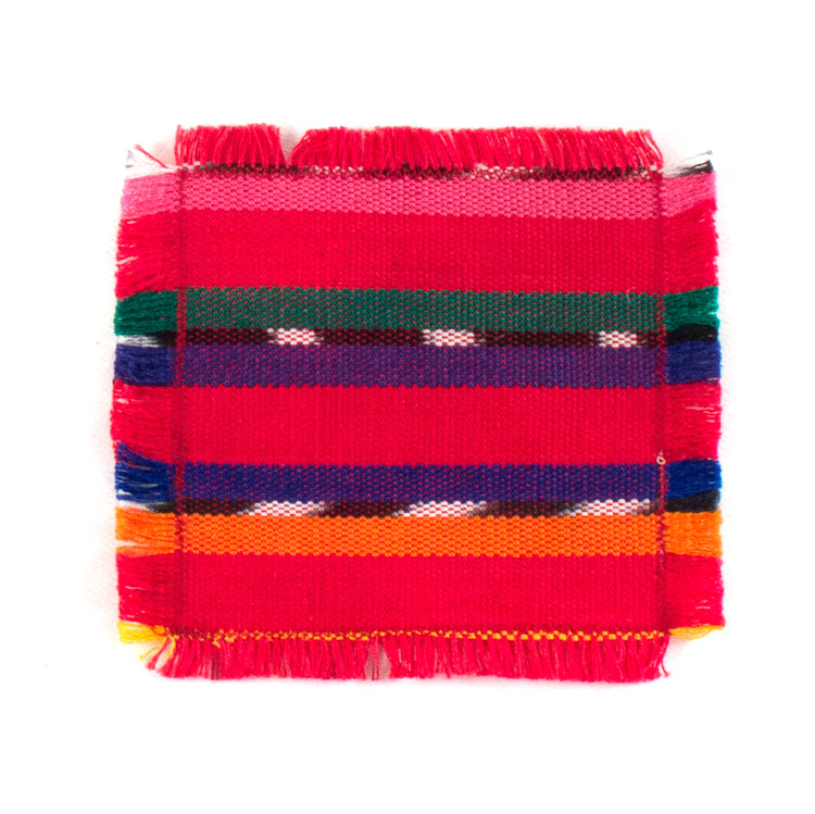 handwoven coasters, red with colorful acccents