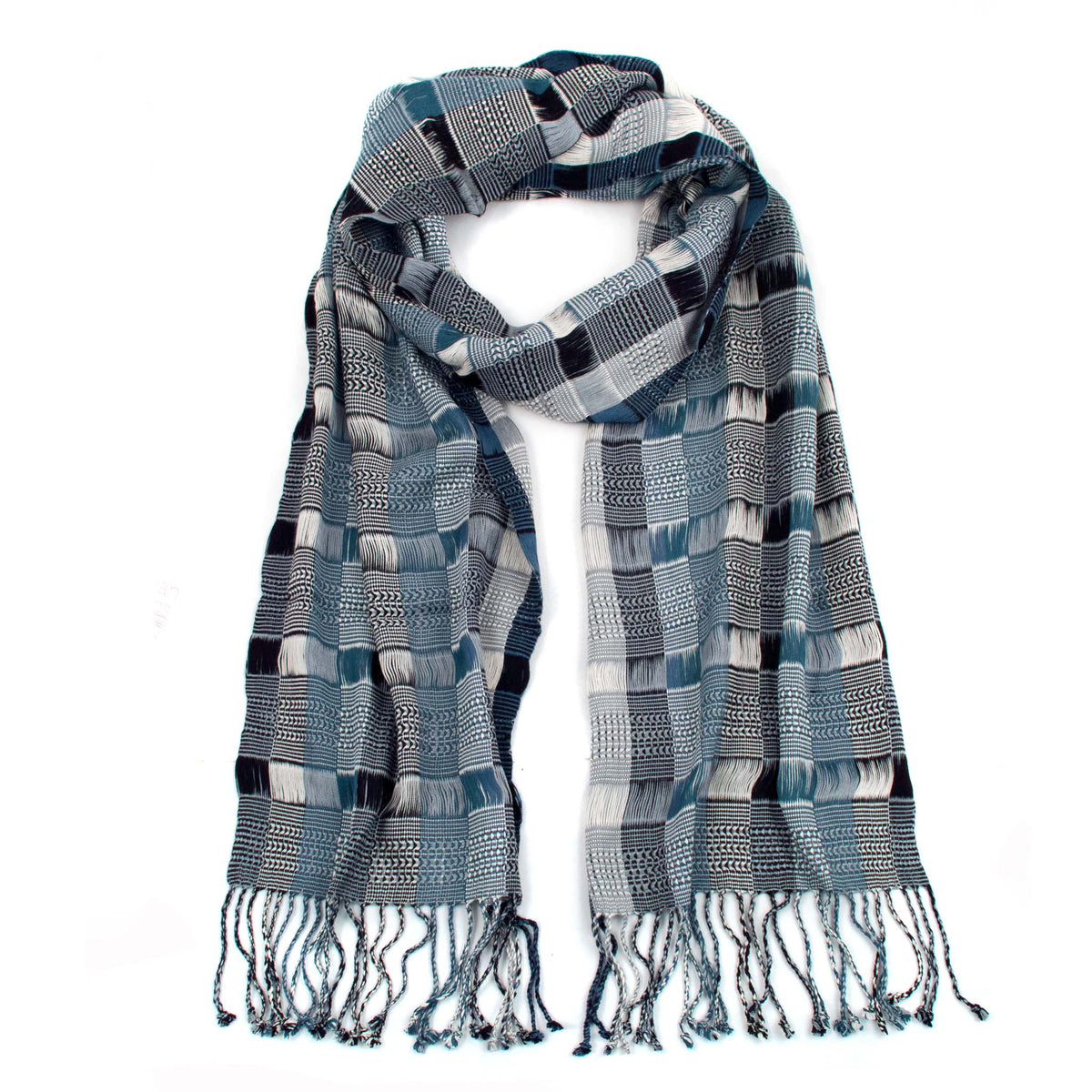 Angelina Scarf in Steel Blue and Gray, made from rayon threads with twisted fringe. The scarf is laid flat, wrapped with a circle on white background.