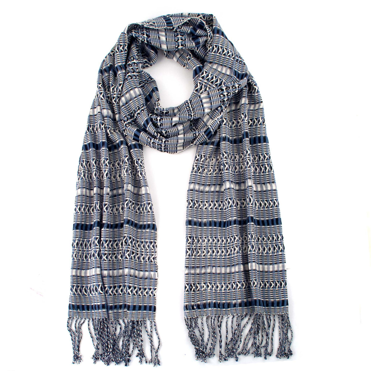 Linda Scarf in Black &amp; Blue &amp; Gray, woven from rayon threads in blue, black, and gray tones, with twisted fringe. The scarf is laid flat, wrapped with a circle on white background.