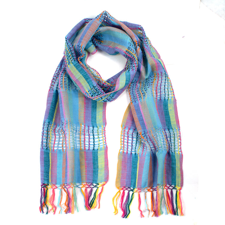 Lattice Weave Scarf in Sky Blue, made from multicolor cotton thread with blue overtones, with fringe 