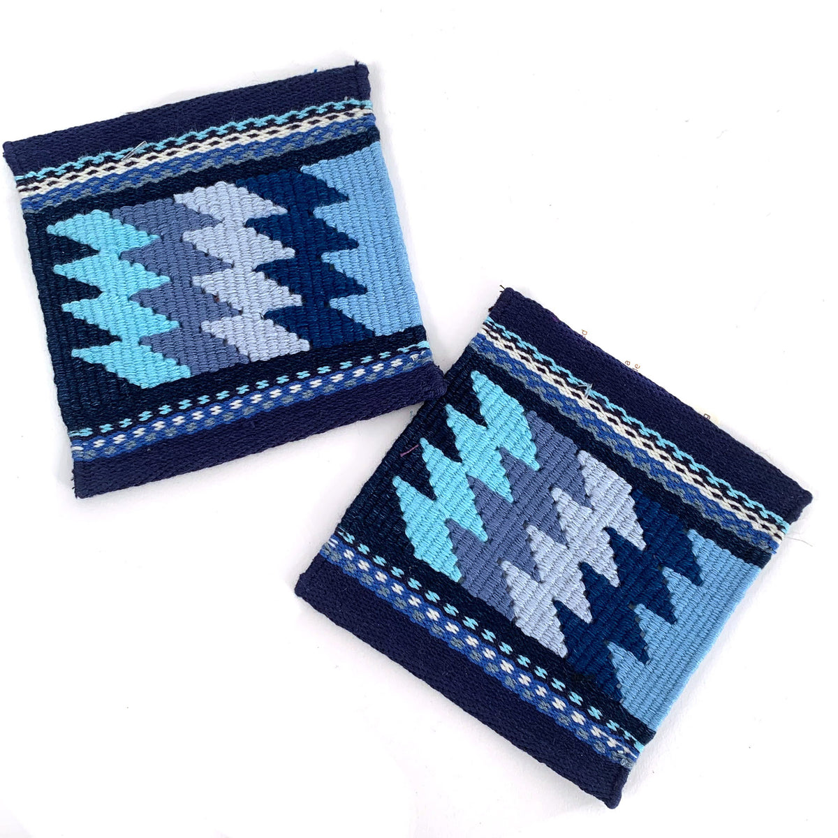 handwoven tapestry coaster - indigo and blues