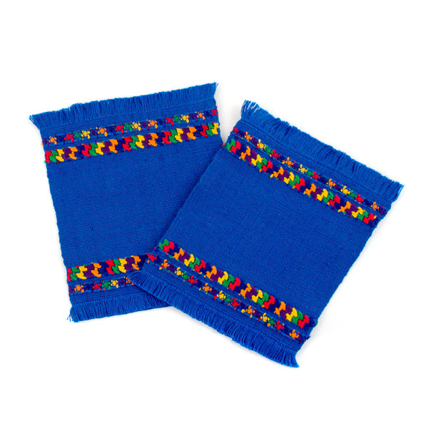 royal blue fabric coasters with colorful brocade, set of two