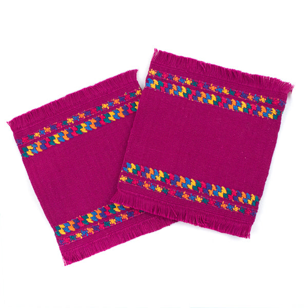 handwoven magenta cotton coasters with colorful brocade 