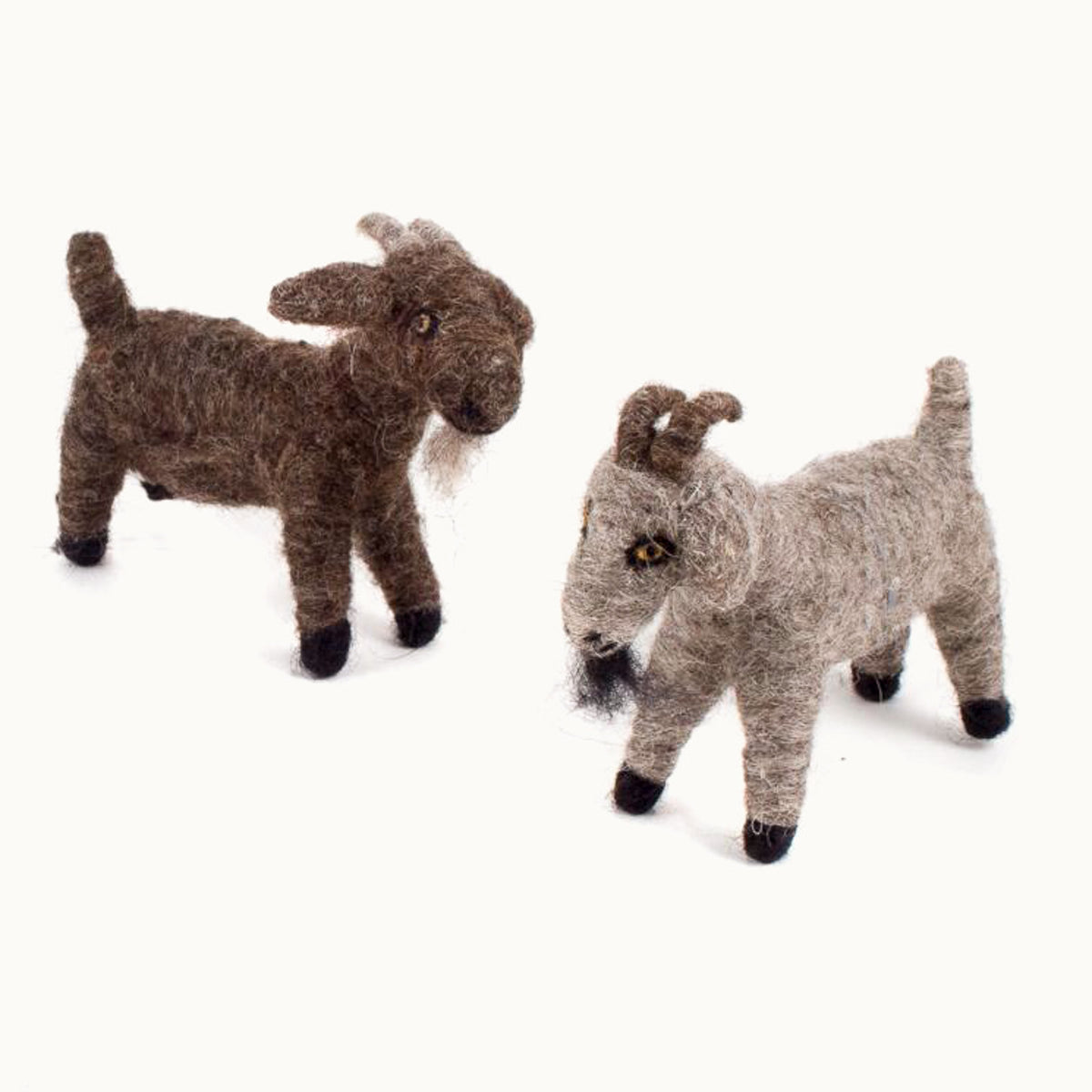 2 felted wool goats - brown and gray