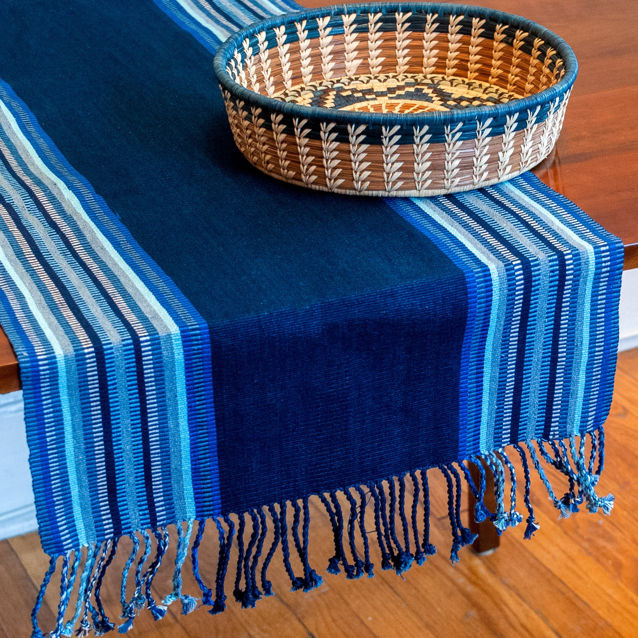 Indigo & Blues Table Runner | Handwoven Cotton Table Linens Made in Guatemala by Mayan Hands 14" x 72" Indigo & Blues Table Runner | Handwoven Cotton Table Linens Made in Guatemala by Mayan Hands 14" x 72"